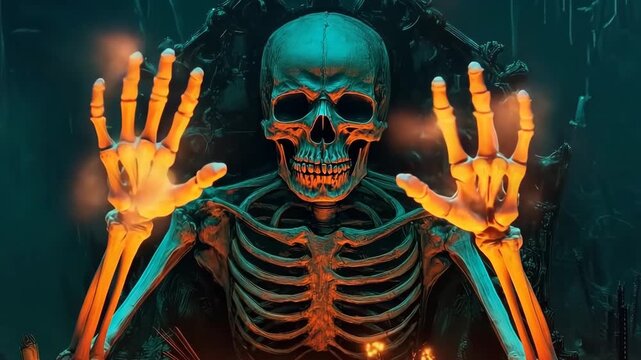 Skeleton engages in eerie celebration surrounded by gothic relics