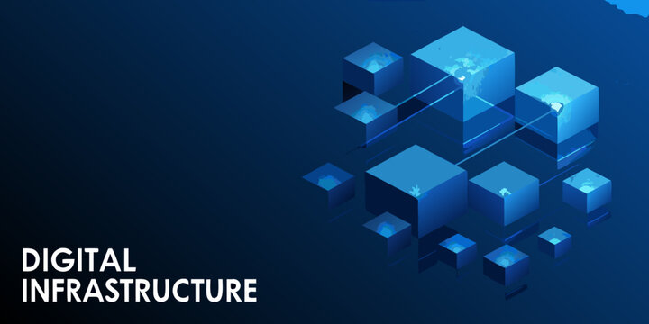Abstract isometric cubes with glowing lines represent digital infrastructure