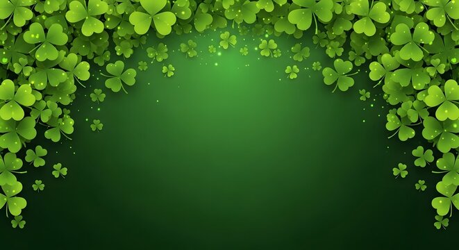 St Patricks Day Green Shamrock Clover Arch Border on Gradient Green Background Irish Holiday Header
