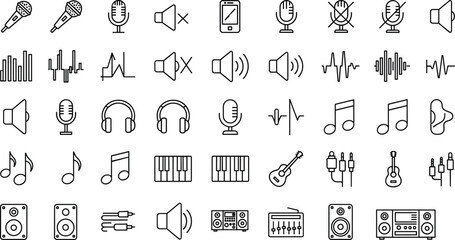 Audio and Music Line Icon Set Featuring Sound Control, Microphones, Speakers, Headphones, Waveforms, Instruments, and Multimedia Recording Symbols © MdMojnu