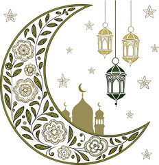Vector illustration of a mosque at night featuring city architecture with domes and towers in a vintage silhouette design