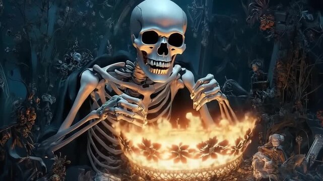 Skeleton engages in eerie celebration surrounded by gothic relics