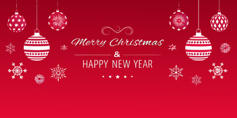 Festive red background with hanging ornaments and holiday greetings © Lalin