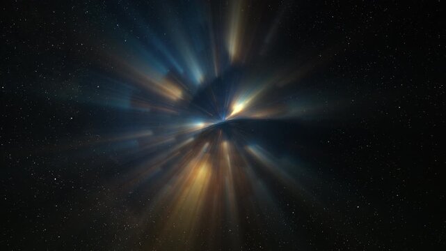 Abstract multicolor glow sphere with rays, science background. Bizzard planet structure in space, 4k