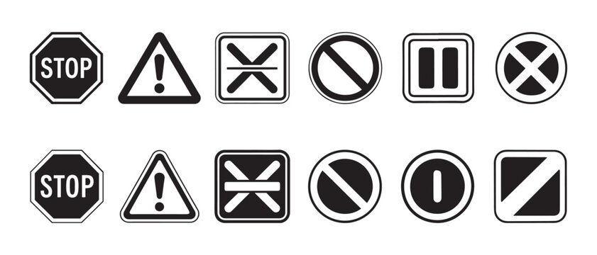 Collection of Universal Traffic and Control Symbols. Stop, Warning, No Entry, Pause, Forbidden, End and On/Off Signs on White Background.