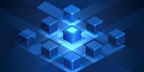 Obraz premium Abstract isometric arrangement of glowing blue cubes in a dark space
