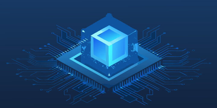 Isometric blue crystal design with integrated circuit board pattern background