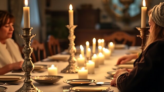 sabbath. A Jewish family's Sabbath table with traditional silver candlesticks and warm candlelight. event programs, museum guides, designed for cultural heritage projects and event programs.