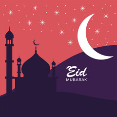 Eid Mubarak greeting card illustration featuring a mosque silhouette at night with moon and stars celebrating Islamic holiday