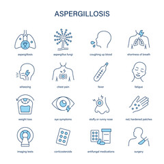 Aspergillosis symptoms, diagnostic and treatment vector icon set