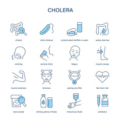 Cholera symptoms, diagnostic and treatment vector icon set