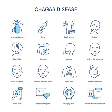 Chagas Disease symptoms, diagnostic and treatment vector icon set
