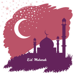 Eid Mubarak greeting card illustration featuring a mosque silhouette at night with moon and stars celebrating Islamic holiday