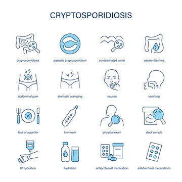 Cryptosporidiosis symptoms, diagnostic and treatment vector icon set