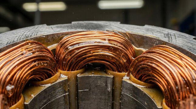 Macro of Copper Wire Coils in Brushless EV Motor Stator with Amber Insulating Varnish