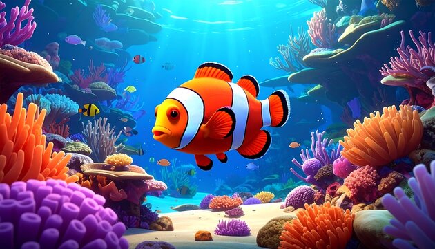 Vibrant clownfish swimming in coral reef.