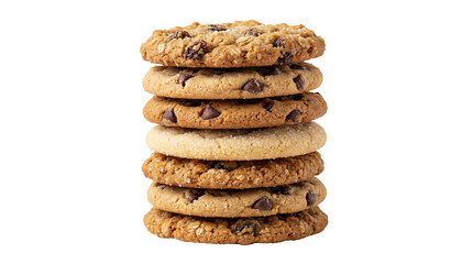 Stack of delicious assorted cookies including chocolate chip and oatmeal raisin perfect for on transparent background