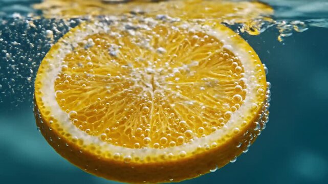Close up of a juicy orange slice with bubbles in sparkling water, refreshing citrus concept