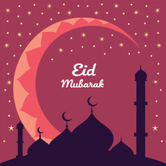 Eid Mubarak greeting card illustration featuring a mosque silhouette at night with moon and stars celebrating Islamic holiday