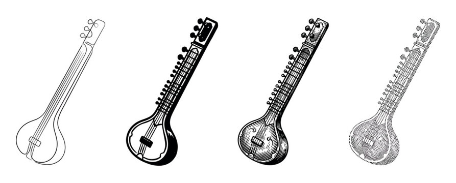 Set of four sitar illustrations showcasing different artistic techniques, including a simple outline, a solid silhouette, a detailed engraving, and a stippling dotwork style
