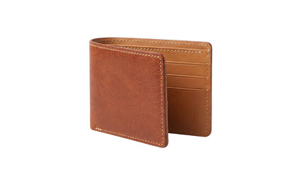 Elegant brown leather bi fold wallet with multiple card slots for business and personal on transparent background