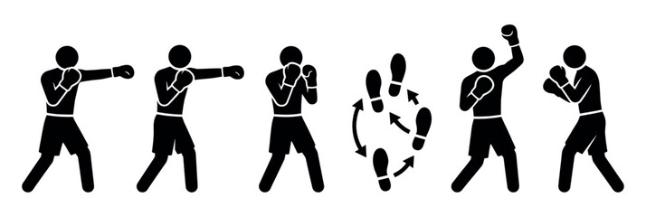 Naklejka premium Set of black boxing stick figure pictograms showing various punches, defensive stances, and footwork techniques for training, presented as a minimalist instructional graphic icon collection