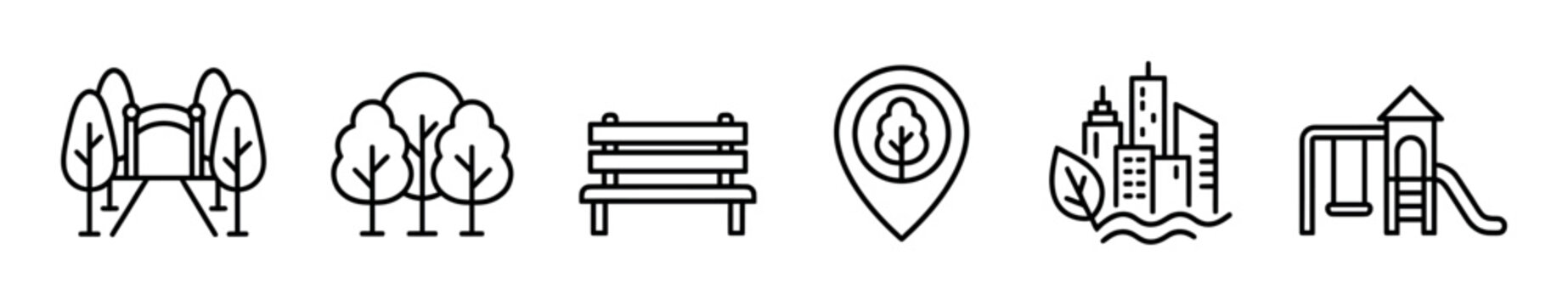 Set of black linear city park icons including a bridge, trees, bench, location pin, eco-city symbol, and a playground, representing urban recreation