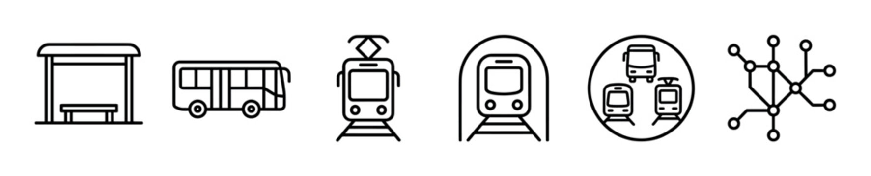 Public transport line icon set featuring a bus stop, city bus, tram, underground metro train, transportation hub, and a subway map in a simple outline illustration