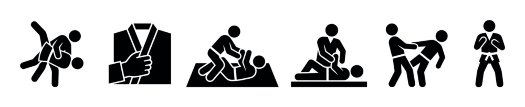 Set of black martial arts icons showing various combat sport techniques like grappling, throwing, pinning, and self-defense moves in a simple pictogram style