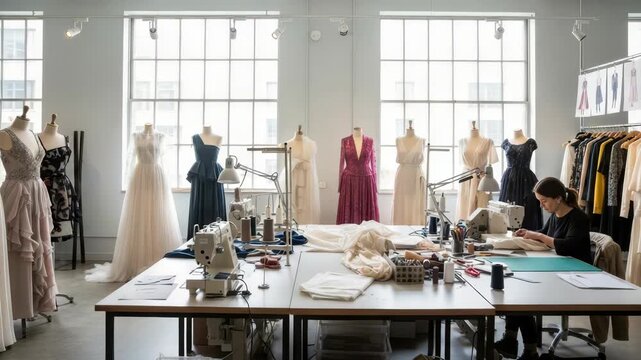 Fashion Designer Sewing Dress In Bright Design Studio Surrounded By Dresses On Mannequins Rack Of Clothing Samples With Large Windows Providing Ample Natural Light For Lifestyle Fash