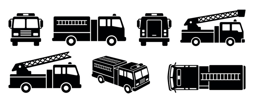 Collection of black fire truck icons showing various emergency vehicles from different perspectives including front, side, top, and isometric views in a simple graphic silhouette style