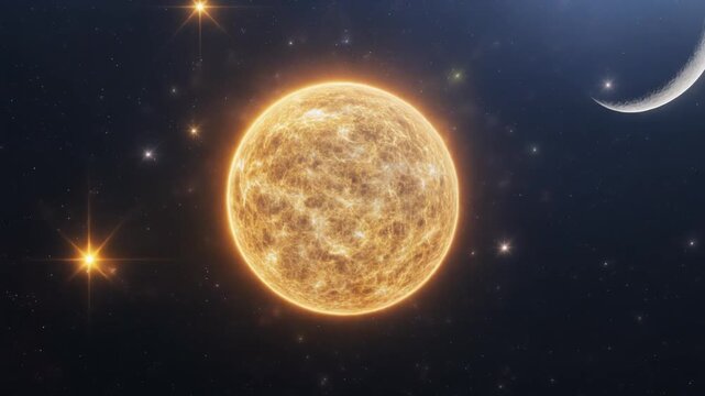 Sun and crescent moon in space.