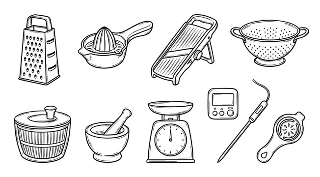 Collection of hand-drawn kitchen utensils including a grater, juicer, mandoline, colander, and scale in a black and white doodle style for culinary concepts