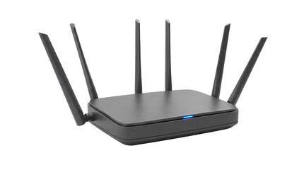 Modern wireless router with multiple antennas glowing blue light for home and office internet on transparent background