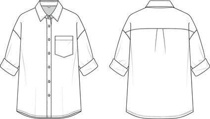 Women's oversized button down long sleeve shirt with chest pocket technical flat sketch vector illustration, garment cad drawing fashion design template © Zaidul