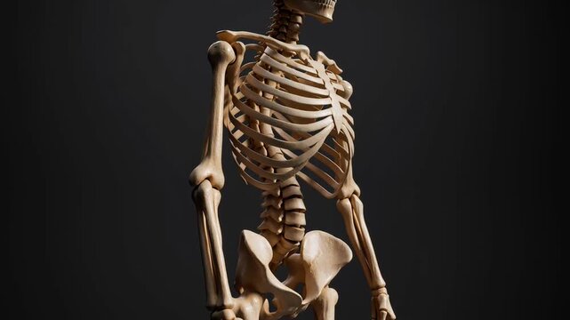 Human Skeleton Model Rotating on Black Background.