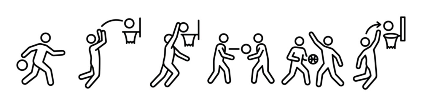 Set of black line icons depicting basketball players in various actions like dribbling, shooting, dunking, and defending, presented as a minimalist pictogram collection for sports themes
