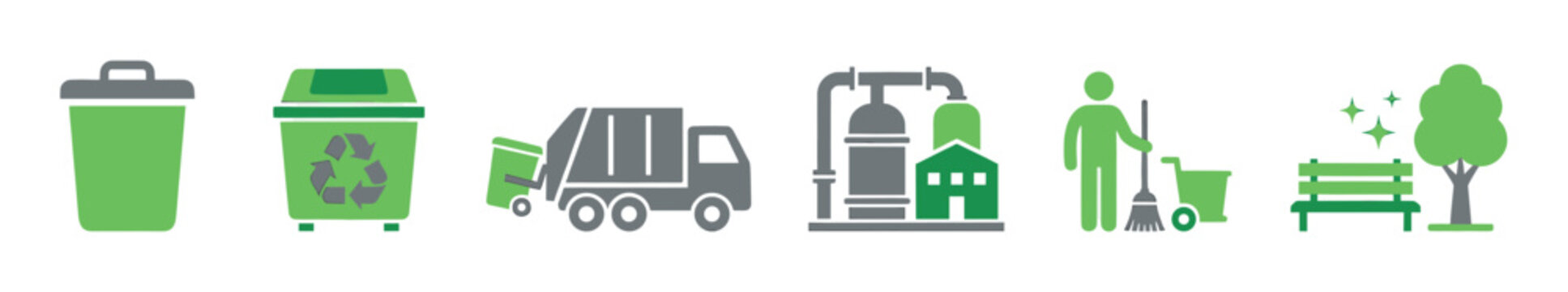 Waste management and recycling icon set showing a trash can, garbage truck, processing plant, and city cleaning services in a flat, minimalist vector style illustration