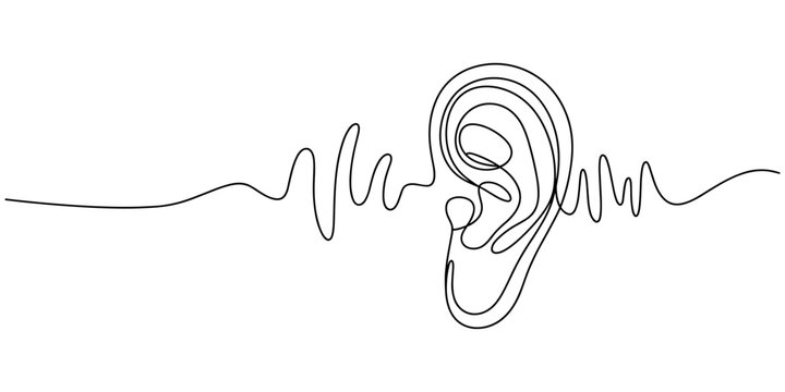 One continuous line drawing of human ear . Single line of human ear vector illustration, Human ear one continuous line. Hearing aid in human ear continuous one line drawing. Hearing device