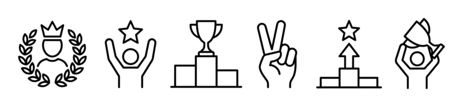 Six black linear icons representing victory and achievement including a champion with a crown, a trophy on a podium, a winner with a star, and a victory hand gesture