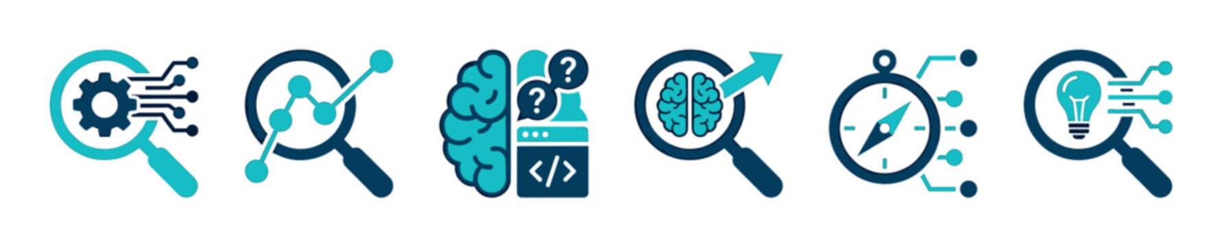 Set of six blue and teal icons representing data science, research, and technological innovation, featuring symbols like a brain, gear, compass, and magnifying glass