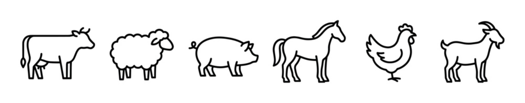 Six farm animal line art icons featuring a cow, sheep, pig, horse, chicken, and goat, presented as a simple, clean, and modern black outline graphic symbol collection