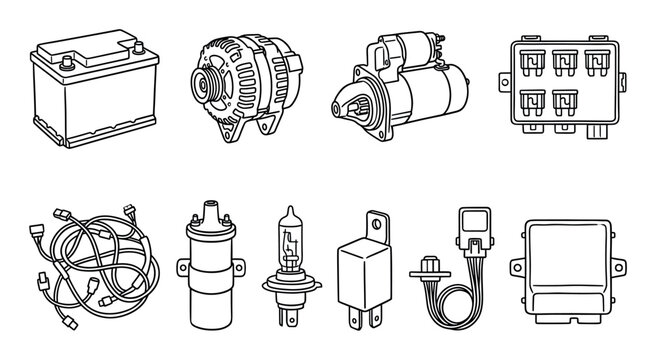 Collection of car electrical system parts including a battery, alternator, starter motor, and fuse box drawn in a simple black and white line art illustration style for automotive service concepts