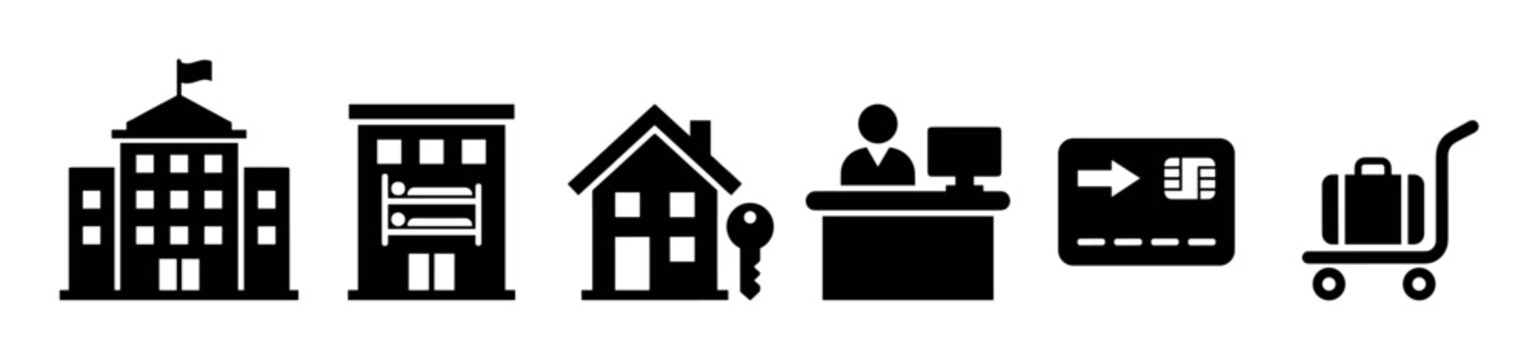 Black glyph icon set for travel and hospitality services showing a hotel, hostel, house rental with key, reception desk, credit card payment, and a luggage cart