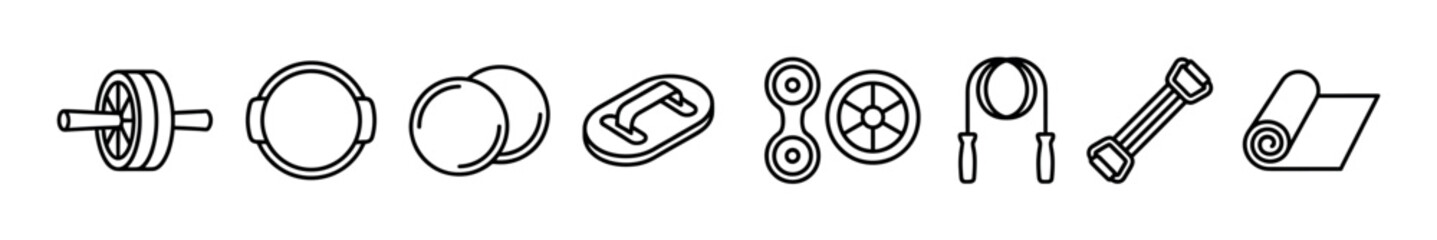 Set of fitness equipment line icons including ab wheel, pilates ring, sliders, push-up board, massage gun, jump rope, resistance band, and yoga mat for a home workout