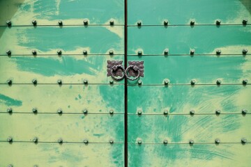 Weathered Green Door Featuring Traditional Metalwork