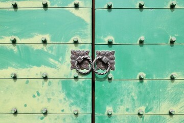 Weathered Green Door Featuring Traditional Metalwork