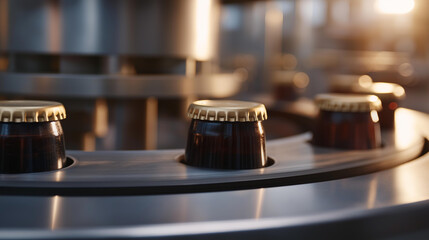 High speed rotary press machine stamping thousands of metal bottle caps per minute in a beverage factory, perfect for metal stamping production, automated manufacturing, mass production technology,