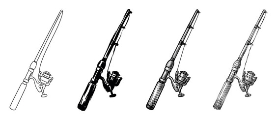 Fototapeta premium Set of four fishing rods with spinning reels illustrated in different black and white artistic styles, including line art, ink brush, detailed engraving, and stippling