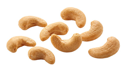 Raw cashews scattered food ingredient for healthy snacks cooking and marketing on black on transparent background